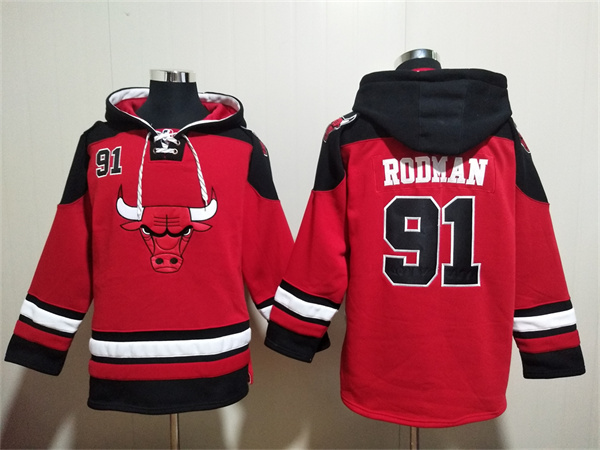 Men's Chicago Bulls #91 Dennis Rodman Red/Black Ageless Must-Have Lace-Up Pullover Hoodie